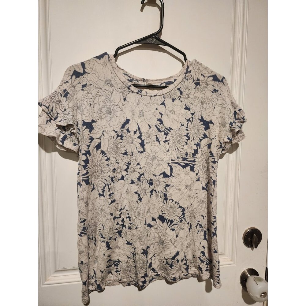 Cupio Women's Floral Blouse Gray White Blue Ruffle Sleeve Medium